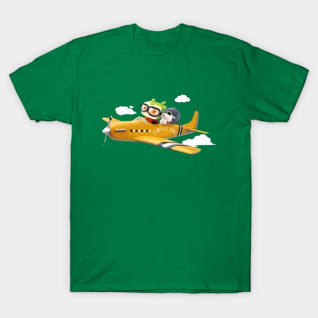 Little pilot and dog on a plane in the Sky T-Shirt by zkozkohi